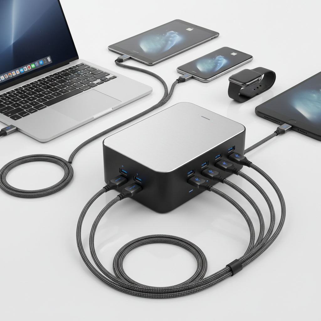 ChargeHub 6-Port USB-C Charging Station with braided cables
